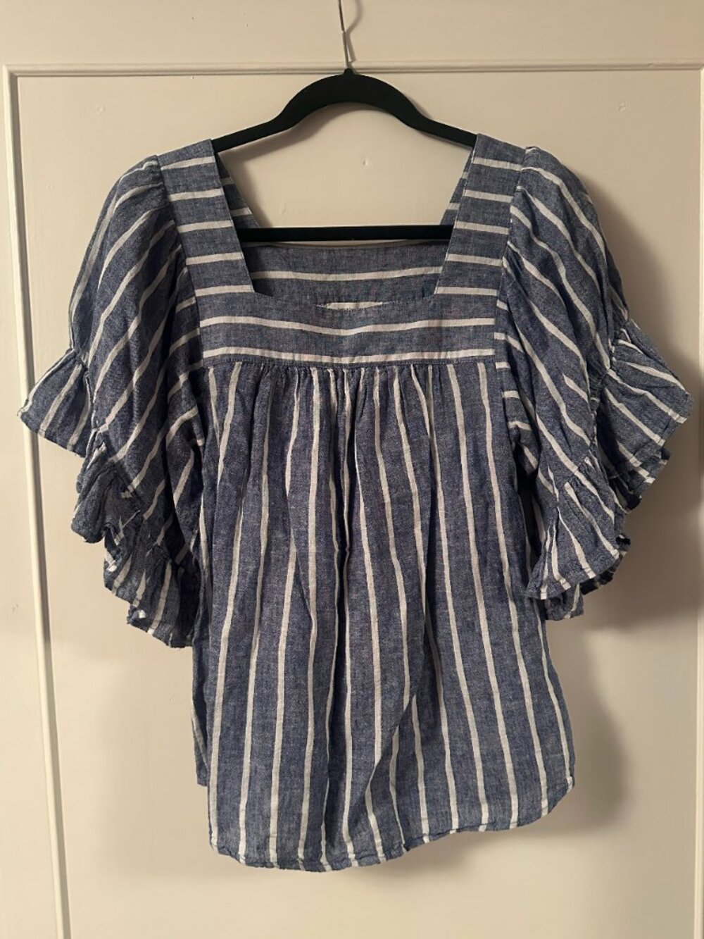 Beachlunchlounge Blue White Striped Square Neck Ruffle Sleeve Blouse Size Small